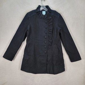 Kimchi Blue Black Wool Ruffled Button High Neck Classic Warm Pea Coat Jacket